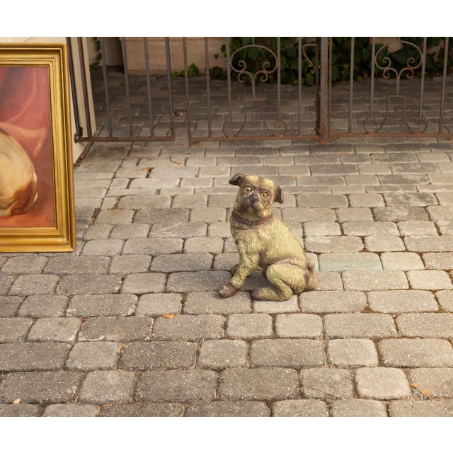 English English Vintage Composition Sitting Dog Sculpture with Glass Eyes and Red Collar For Sale - Image 3 of 8