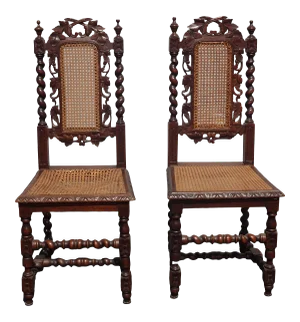 Pair Vintage Spanish Style Carved Chairs W Cane & Barley Twist Asis