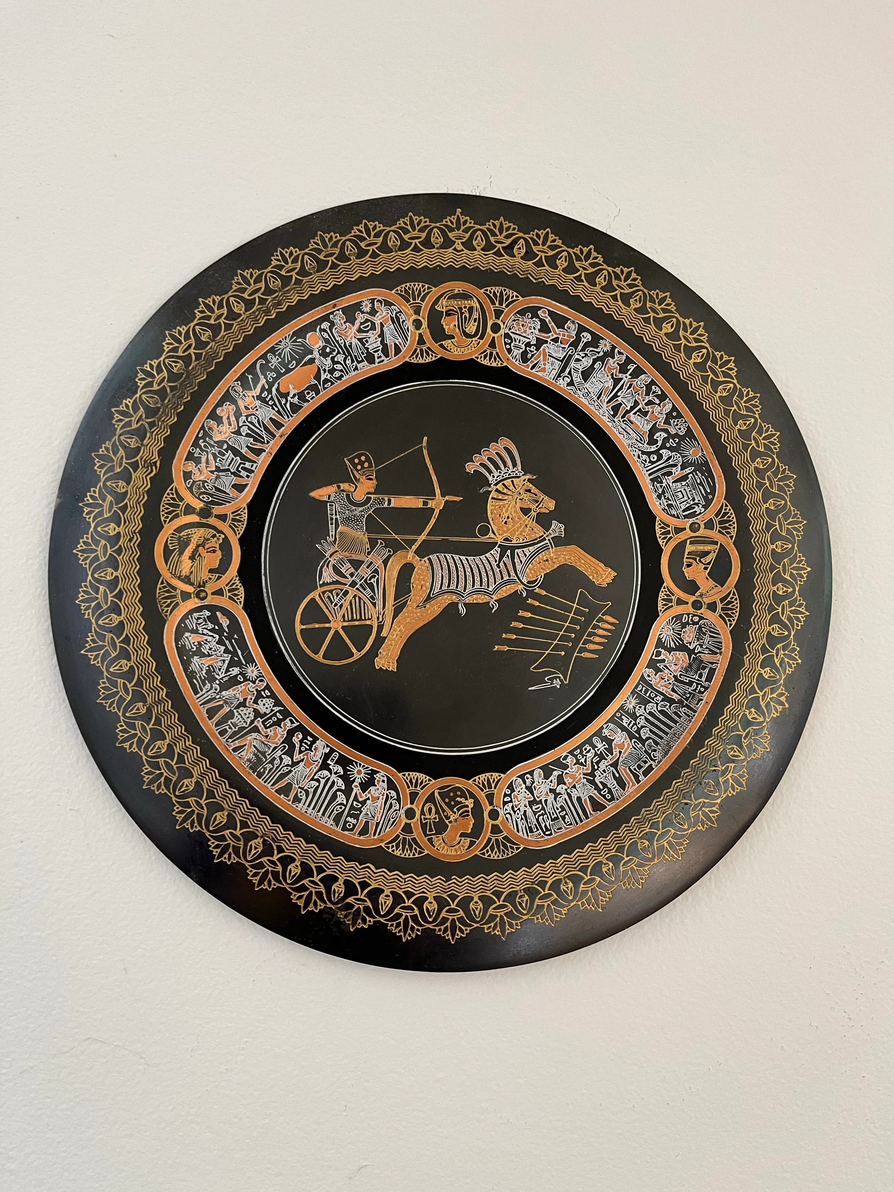 Vintage Egyptian Decorative Wall Plate, Engraved Copper Coated