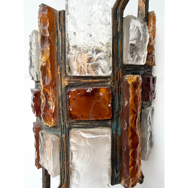 Mid-Century Modern set of 4 wall lamps light sconces in red and amber hammered glass and wrought iron, gilding gold copper...