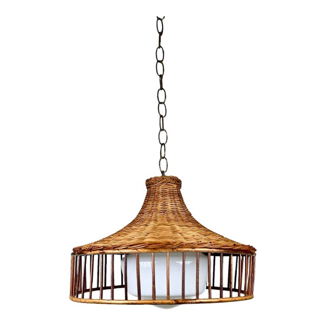 Mid Century Rattan Wicker Pendant Light For Sale