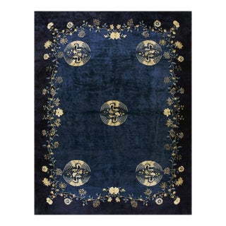1920s Antique Blue Navy Traditional Floral Birds Chinese Peking Wool Rug For Sale