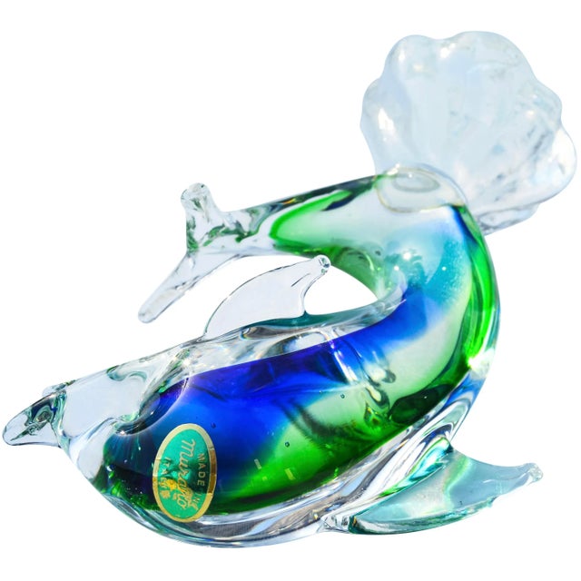 Blue Vintage Handblown Italian Blue & Green Murano Art Glass Dolphin For Sale - Image 8 of 11