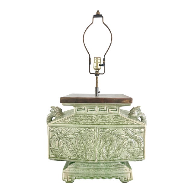 Large Celadon Crackle Ware Double Dragon Handled Converted Temple Censer Table Lamp (Artist Signed) For Sale