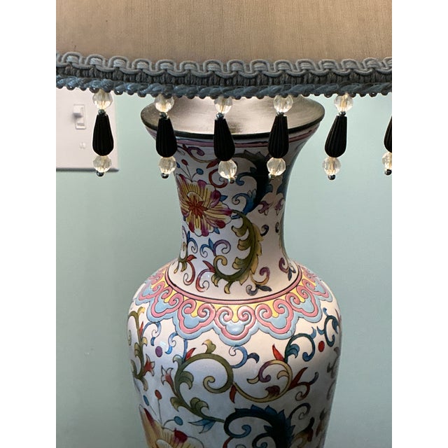 White 1970s Bombay Table Lamps Porcelain White Floral Oriental Accent Fringe Shades Set of 2 For Sale - Image 8 of 17