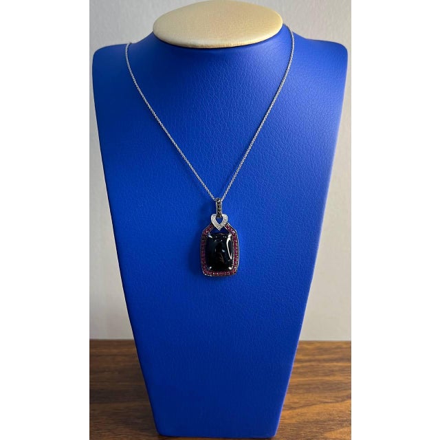 Black Onyx Red Pink Ruby White Diamond Halo 14k White Gold Pendant Necklace For Sale - Image 10 of 10