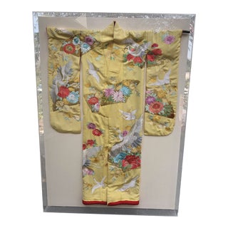 Lucite Framed Vintage Yellow Silk Japanese Embroidered Wedding Kimono For Sale