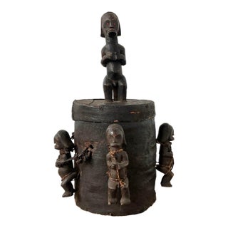 Vintage Boho Carved Figure Tribal Lidded Pot For Sale