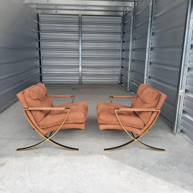 Knoll 1970s Pair of Suade Mid-Century Modern Brass Chairs For Sale - Image 4 of 4