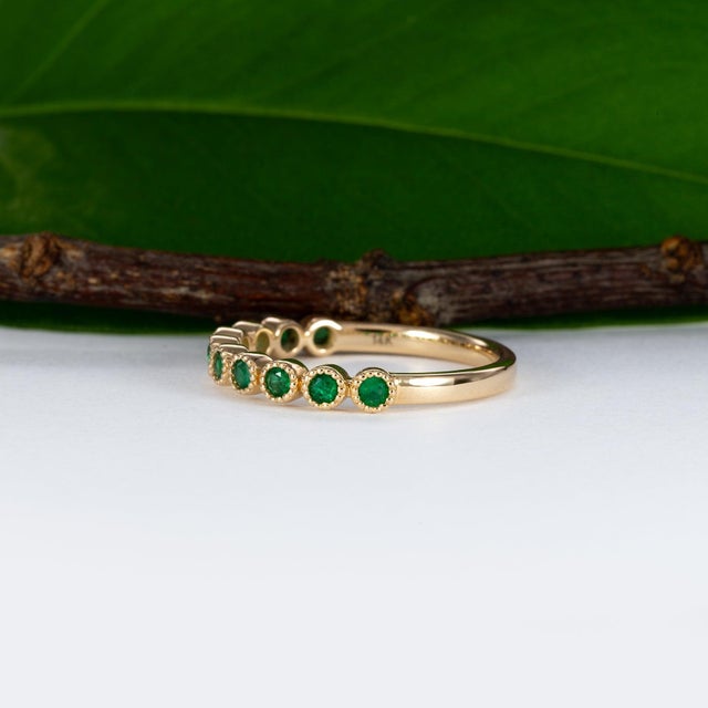 Metal Zambian Emerald Band in Solid 14k Gold – Round Accents – A Timeless Jewelry, Size 6.75 For Sale - Image 7 of 10