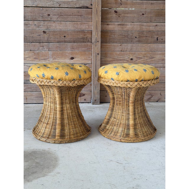 Mid 20th Century Vintage Coastal Handwoven Manila Rattan Console Table With Matching Ottomans-Set of Three For Sale - Image 5 of 12