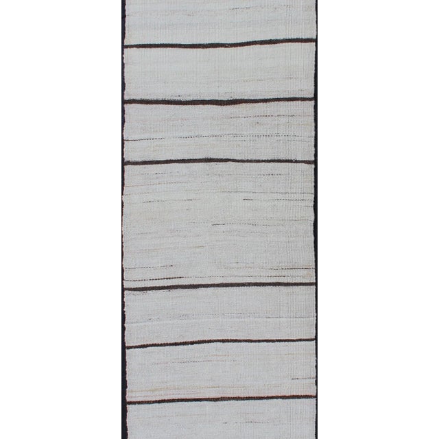 Mid 20th Century Minimalist Design Vintage Turkish Kilim Runner in Off White & Brown Lines For Sale - Image 4 of 10