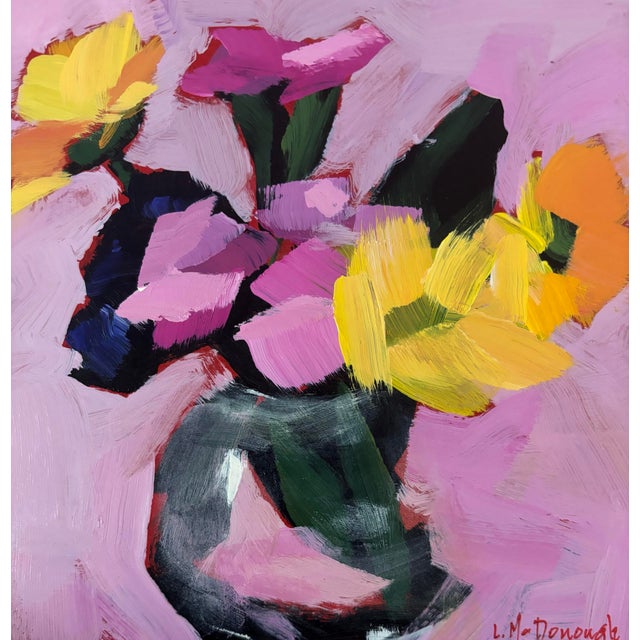 Contemporary “Pink Reverie” Original Acrylic Contemporary Expressionism Floral Still Life by Linda McDonough For Sale - Image 3 of 9