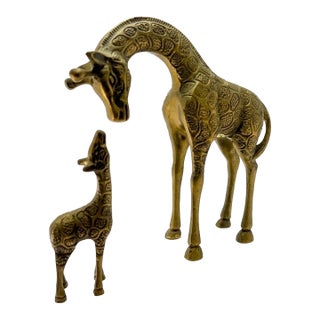 Vintage Leonard Solid Brass Giraffe Mother and Baby Statues - Pair For Sale