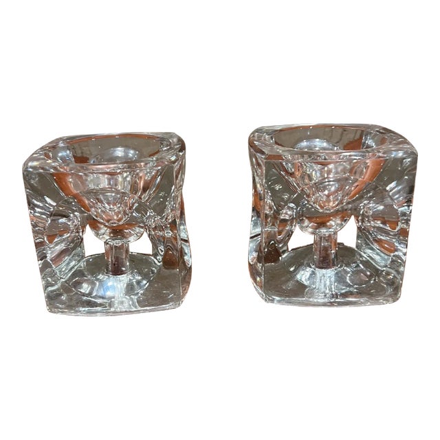 1960s Crystal Glass Modern Cube Candle Holder Pair For Sale
