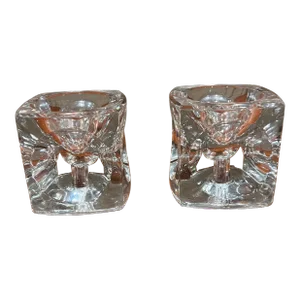 1960s Crystal Glass Modern Cube Candle Holder Pair