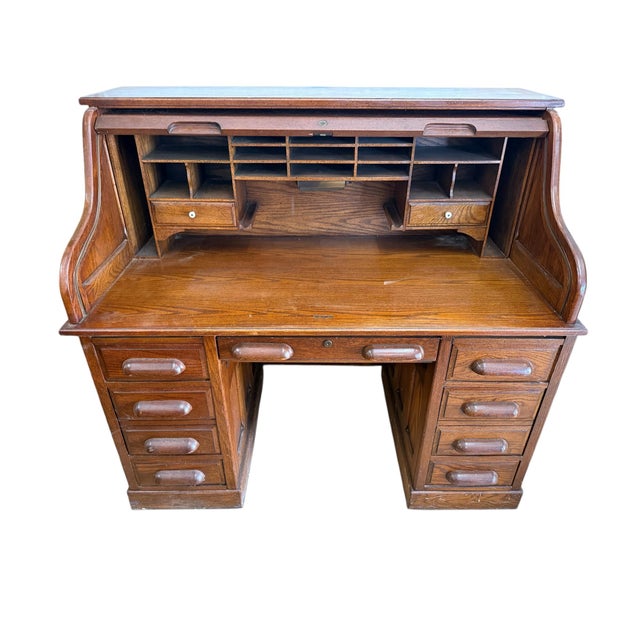 1970s 1970s National Mount Airy Furniture Roll Top Oak S Curve Desk For Sale - Image 5 of 7