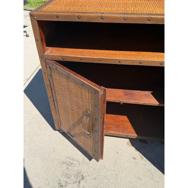 Brown Vintage Campaign Style Woven Rattan Console Cabinet For Sale - Image 8 of 12