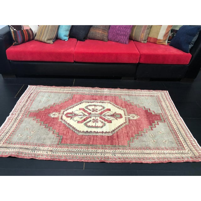 Vintage Faded Turkish Handmade Wool Red and Gray Rug For Sale In Phoenix - Image 6 of 11