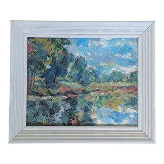 Original Impressionist Landscape Pond Reflection Oil Painting Framed and Signed For Sale