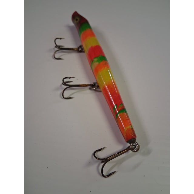 Electric Yellow Vintage 1970s Hand Painted Wooden Pencil Plug Fishing Lure Decor / Real Use For Sale - Image 8 of 11