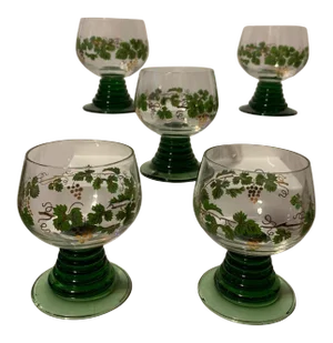 1950s Mid-Century Grape Green Cocktail Glasses With Green Rings Base - Set of 5 Pieces