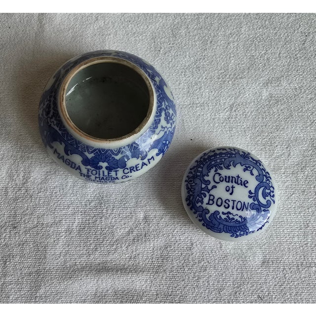 Ceramic Antique Rare Magda Toilet Cream Porcelain Jar Blue & White the Magda Co Chemists Chicago For Sale - Image 7 of 8