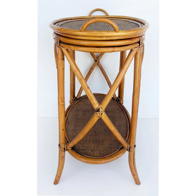 Contemporary Vintage Rattan Grasscloth Oval Removable Tray Top Table For Sale - Image 3 of 10