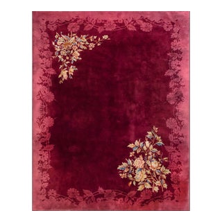 1920s Red Wine Open Field Daisies Floral Antique Chinese Art Deco Rug For Sale