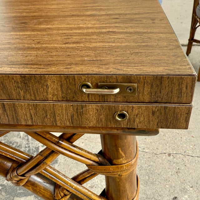 Franco Albini 1970s Vintage Palm Beach Regency Bamboo & Rattan Dining Set - Set of 5 - Convertible Flip-Top Gaming Table For Sale - Image 4 of 12