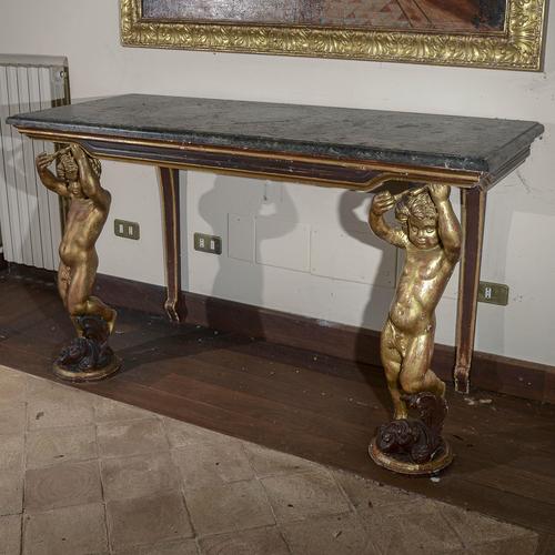Console Table with Gilded Carved Cherubs and Green Alpine Marble Top For Sale - Image 3 of 9