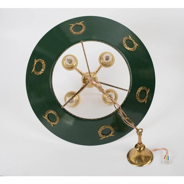 1960s Empire Bouillotte Brass Chandelier With Green Tole Shade For Sale - Image 12 of 14