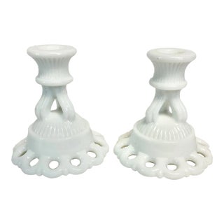 1940s Vintage Americana Westmoreland Milk Glass Candle Holders - a Pair. For Sale