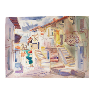 1988 Watercolor Painting of a City by Artist Virginia Brooks