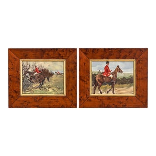 English Fox Hunt Sporting Pictures in Antique Bird's Eye Maple Wood Frames - A Pair For Sale