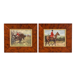English Fox Hunt Sporting Pictures in Antique Bird's Eye Maple Wood Frames - A Pair