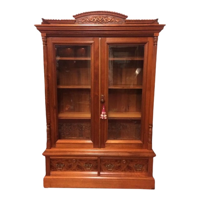 Antique Victorian Bookcase, Walnut Bookshelf With Glass Doors For Sale