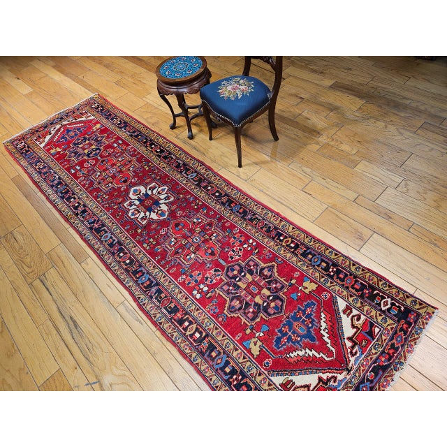 Vintage Persian Heriz Wide Runner, Hand-Knotted Wool, Geometric Design, Red & Navy, 4x12 For Sale In Chicago - Image 6 of 18
