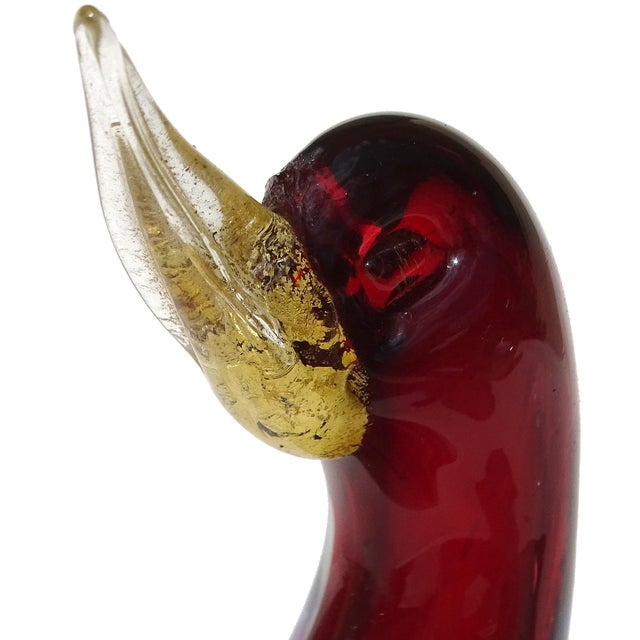 Glass Vintage Murano Sommerso Red Purple Blue Gold Flecks Italian Art Glass Bird Figurine With Original Label For Sale - Image 7 of 10