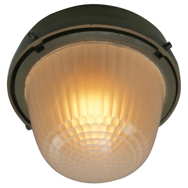 Holophane Vintage French Industrial Beige Cast Iron and Frosted Cut Glass Flush Mount from Holophane For Sale - Image 4 of 6