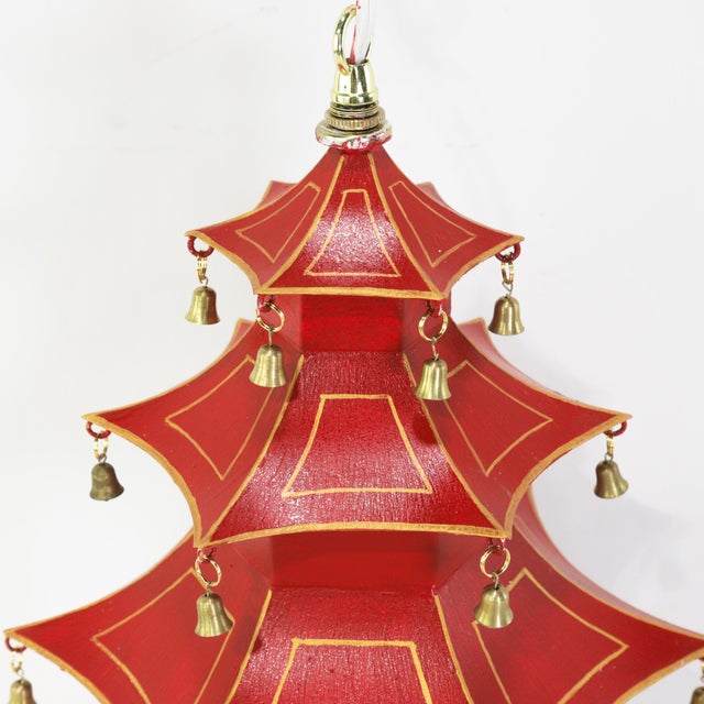 Chinoiserie Pagoda With Steps Ceiling Chandelier, Red/Gold With Bells For Sale - Image 13 of 17