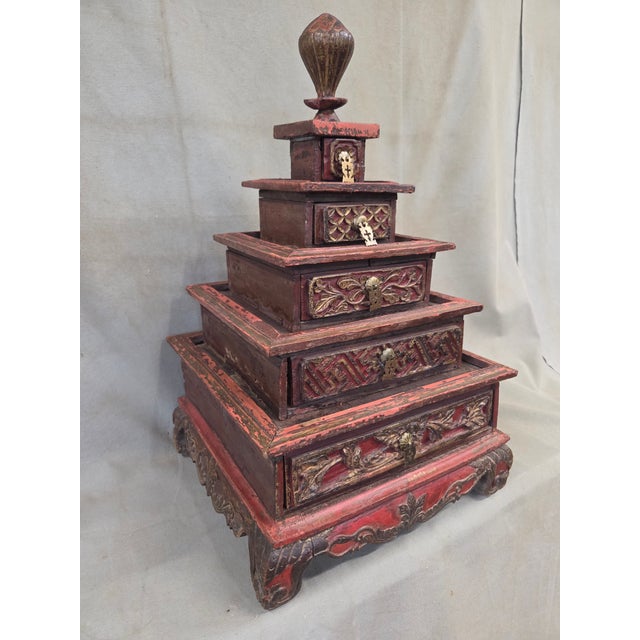 Vintage Sumatra, Indonesia Lacquer Pyramid Shaped Jewelry Box With Five Drawers For Sale - Image 4 of 13