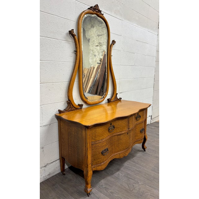Victorian Antique Victorian Tiger Oak Serpentine Dresser With Mirror For Sale - Image 3 of 11