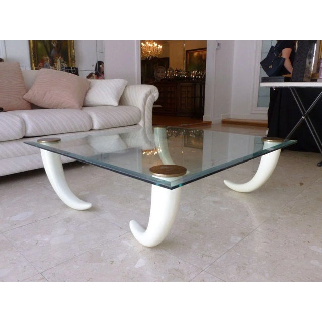 Mid-Century Modern 1970's Glass Coffee Table With Faux Tusk Legs and Brass Caps For Sale - Image 3 of 10