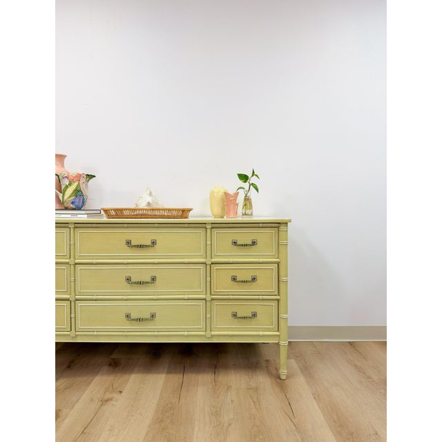 Mid 20th Century Coastal Henry Link Bali Hai Green Faux Bamboo 9 Drawer Dresser Hollywood Regency For Sale - Image 14 of 16