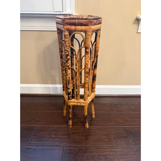 1970s Vintage Hexagonal Tortoise Shell Bamboo Plant Stand Pedestal For Sale - Image 5 of 9