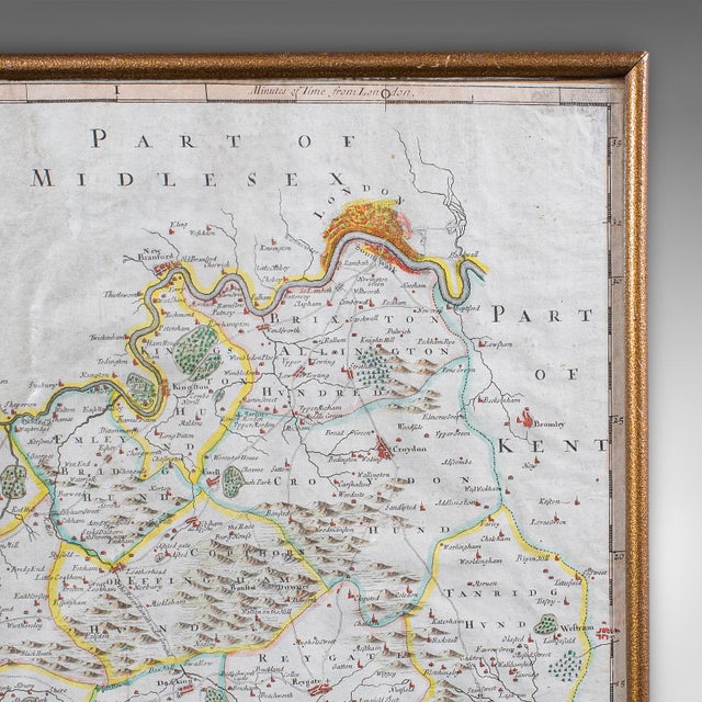 Glass Antique Surrey Map, English, County Cartography, Atlas, Robert Morden, c.1700 For Sale - Image 7 of 12