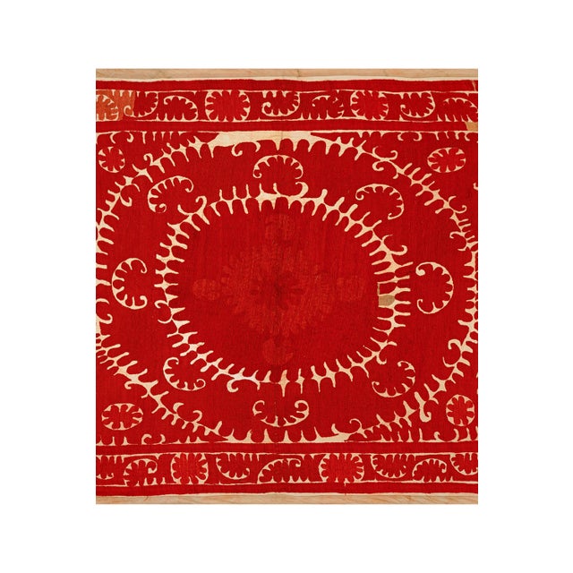 Brick Red Rich Earth Tones Square Suzani | Brown, Green, & Red Vintage Style Textile Art 3'11'' X 4'9'' For Sale - Image 8 of 10