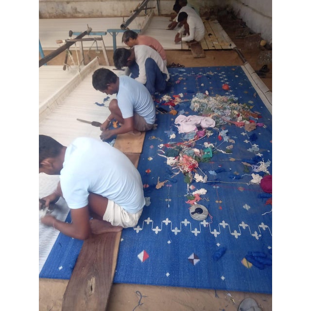 Handmade Cotton Flat Weave Rug, Reversible Indigo Blue Shooting Star Area Dhurrie- 5'x7' For Sale - Image 11 of 11