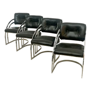 1970s Milo Baughman Style Cantilever Chrome Chairs - Set of 4